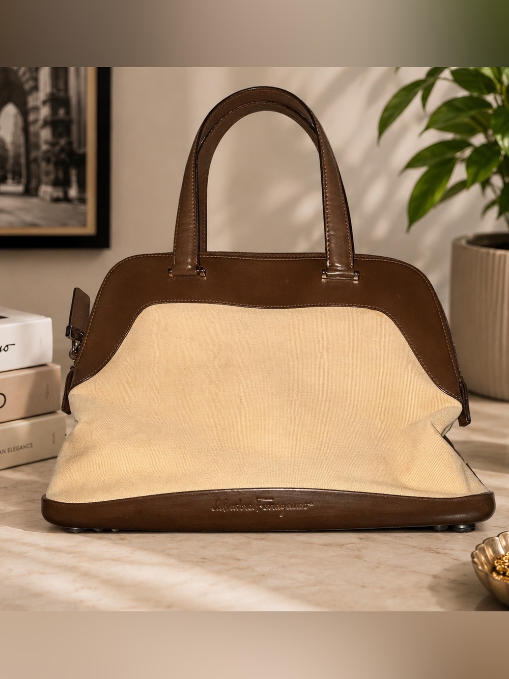 Salvatore Ferragamo Beige Canvas & Leather Handbag